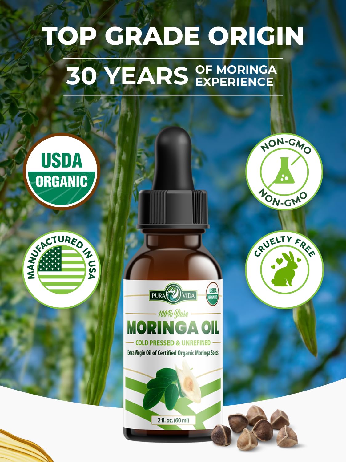 Pura Vida Moringa Seed Oil facial use promotes moisturized, healthy-looking skin.