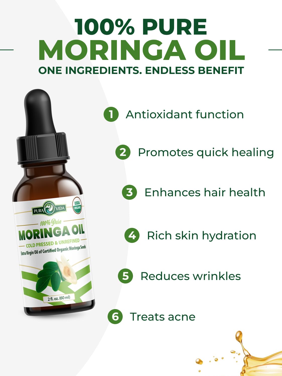 Pura Vida Moringa Seed Oil hair application for nourishing shine.