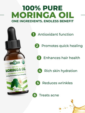 Pura Vida Moringa Seed Oil hair application for nourishing shine.