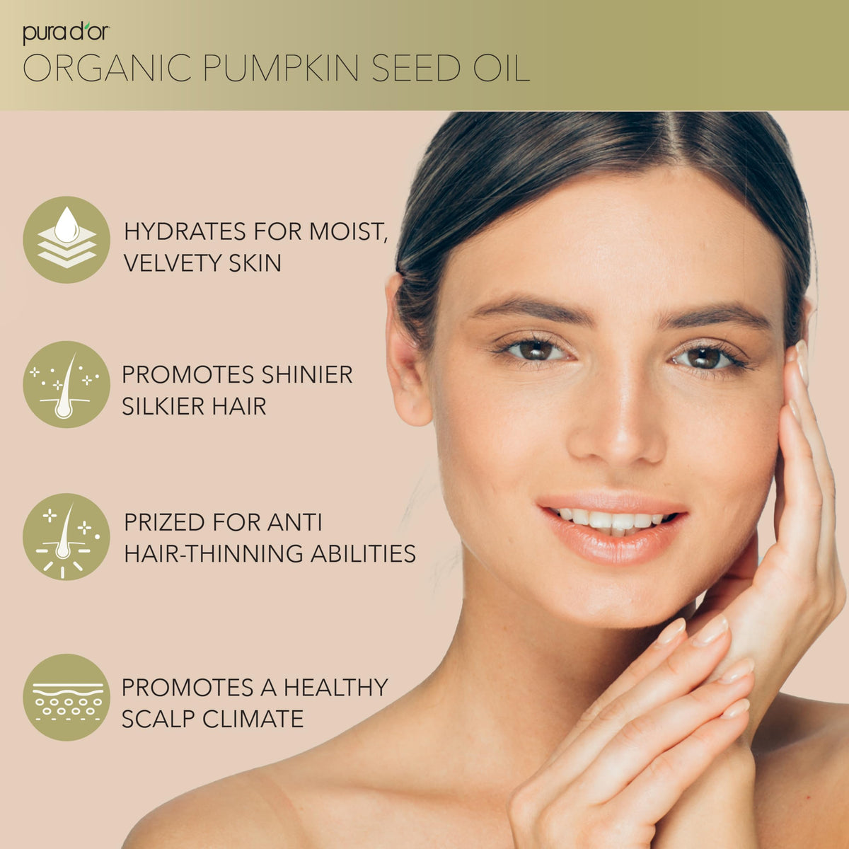 Amber bottle showing cold-pressed pumpkin seed oil texture for skin nourishment.