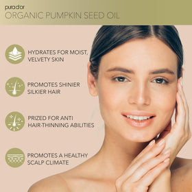 Amber bottle showing cold-pressed pumpkin seed oil texture for skin nourishment.