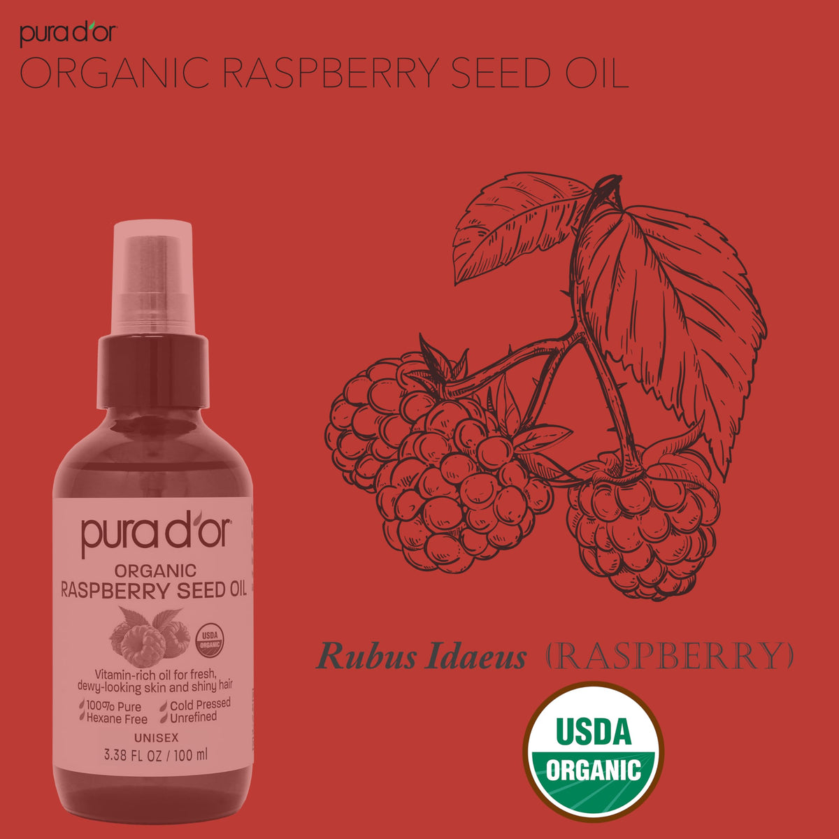 PURA D'OR Raspberry Seed Oil applied on skin for glow and lasting moisture.