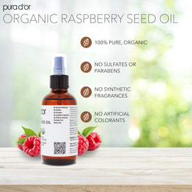 PURA D'OR Raspberry Seed Oil dropper close-up shows smooth texture for facial nourishment.
