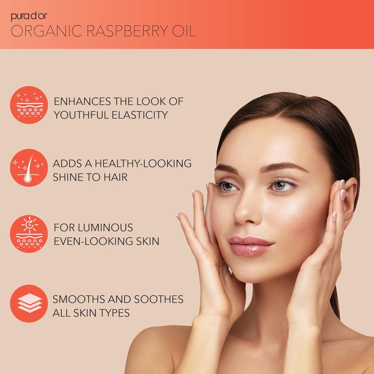 PURA D'OR Raspberry Seed Oil packaging highlights natural ingredients and premium quality.