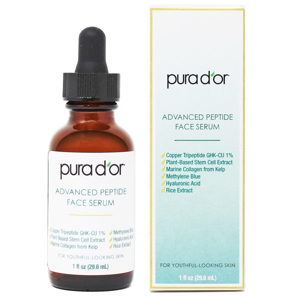 PURA D'OR Advanced Peptide Serum bottle pour highlights copper tripeptide for firmer skin.
