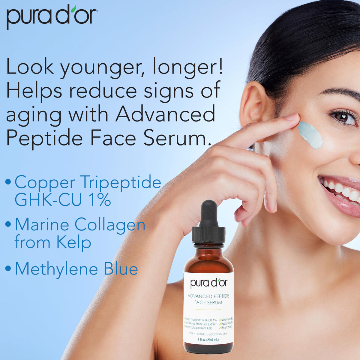 PURA D'OR Advanced Peptide Serum marine collagen kelp dropper supports natural elasticity.