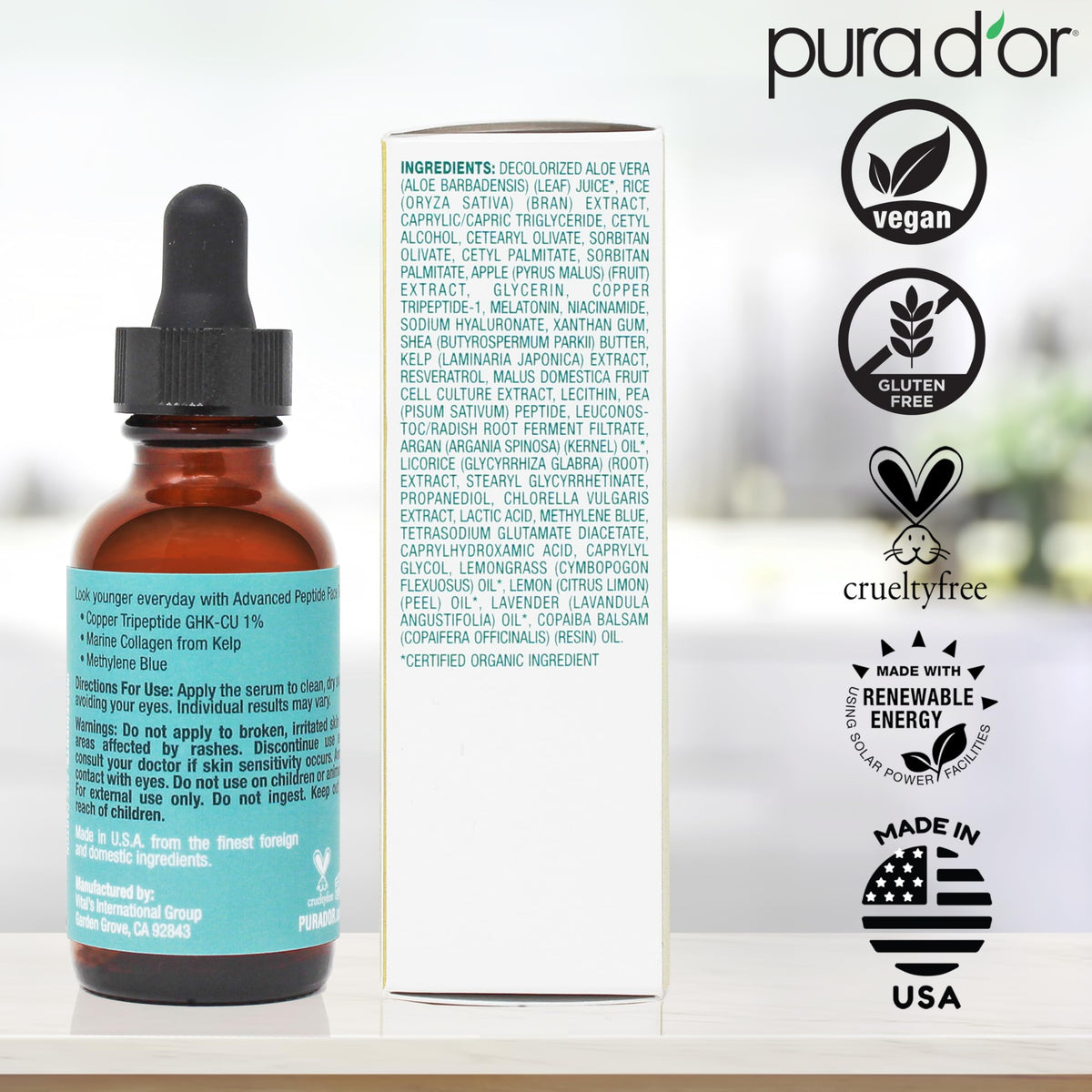 PURA D'OR Advanced Peptide Serum vegan clean beauty, USA-made.