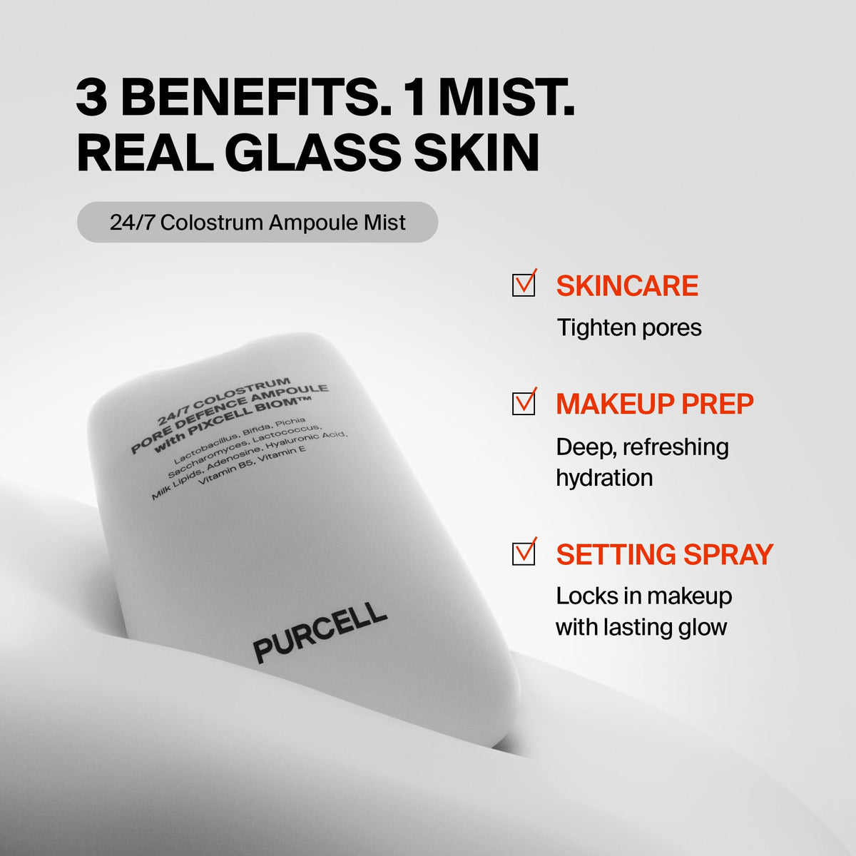 Purcell 24/7 Colostrum Ampoule Mist Glass Skin delivers dewy radiance and pore softening