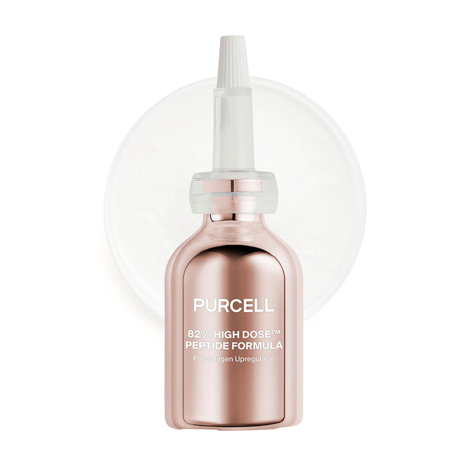 Purcell 82% peptide serum bottle with premium packaging and a sleek glass finish.