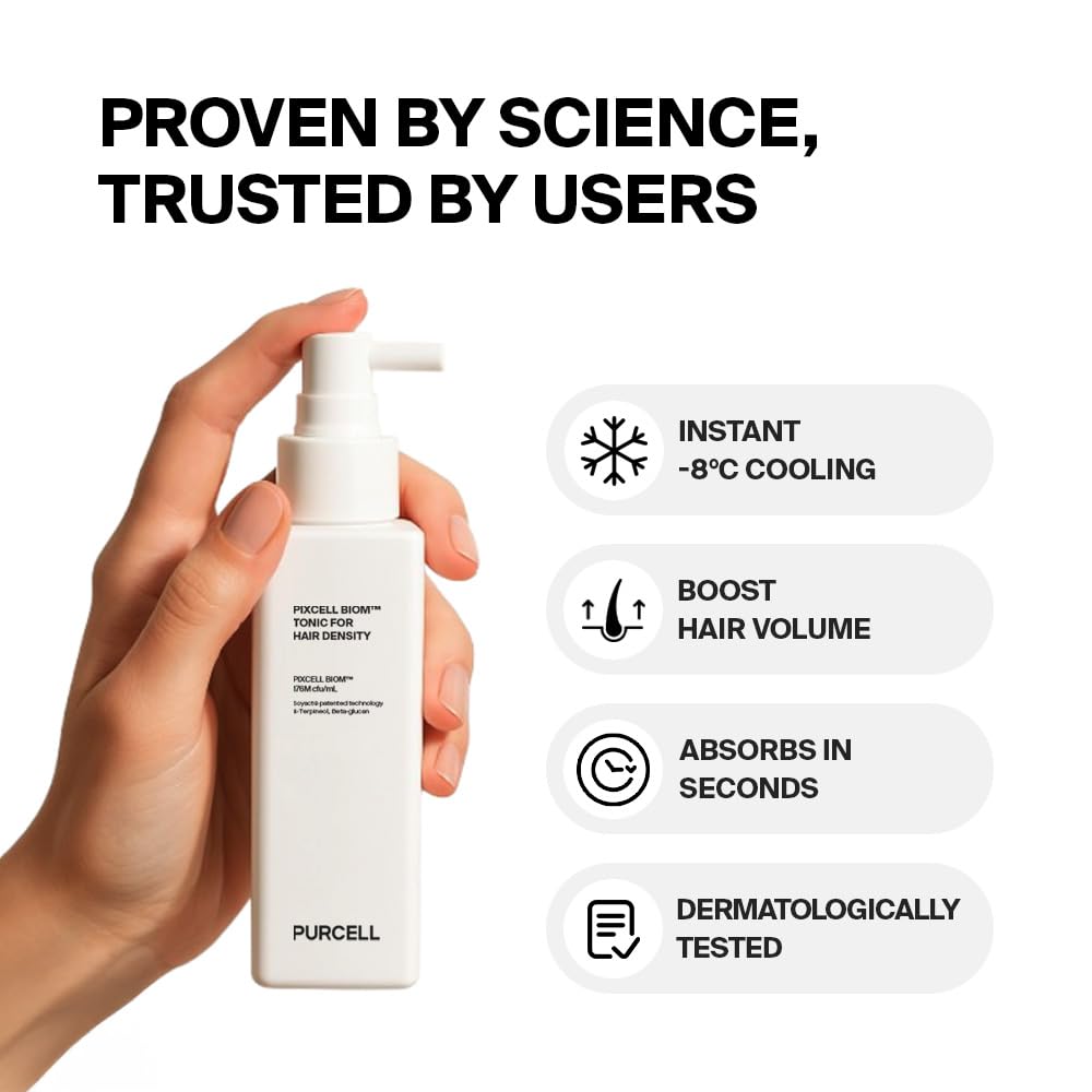 Purcell Pixcell Biom Scalp Tonic dense-like effect supports fuller-looking hair.