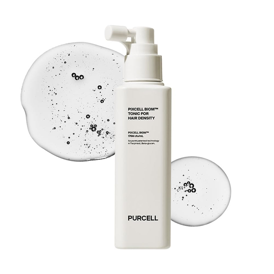 Purcell Pixcell Biom Scalp Tonic bottle promotes scalp nourishment for denser appearance.