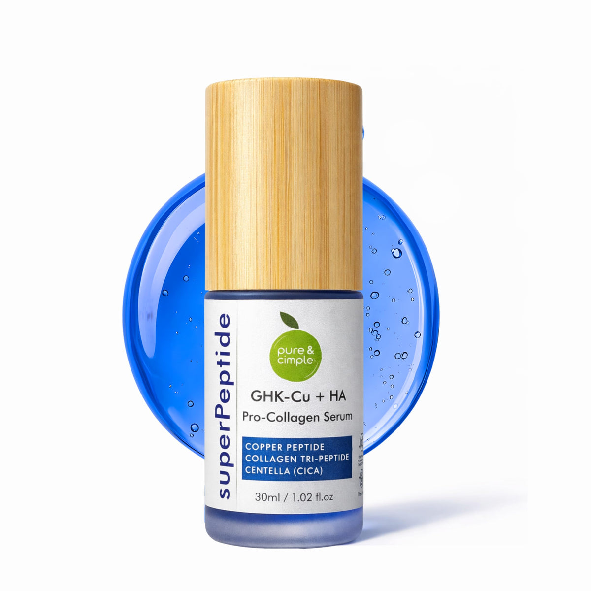 Pure & Cimple SuperPeptide serum bottle shows sapphire blue hue signaling purity and potency.