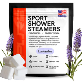 Pure Athlete lavender and menthol shower steamer in a calm bathroom
