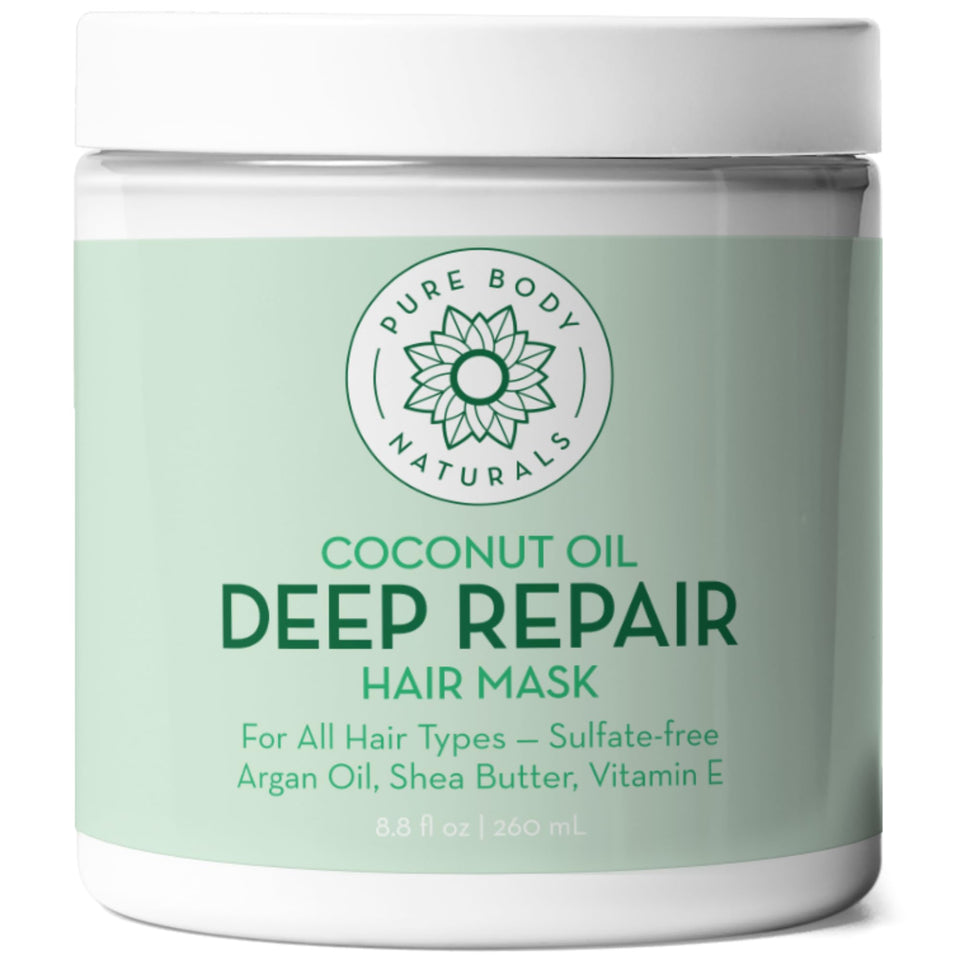 Pure Body Naturals Coconut Oil Hair Mask jar showing rich conditioning formula for dry hair
