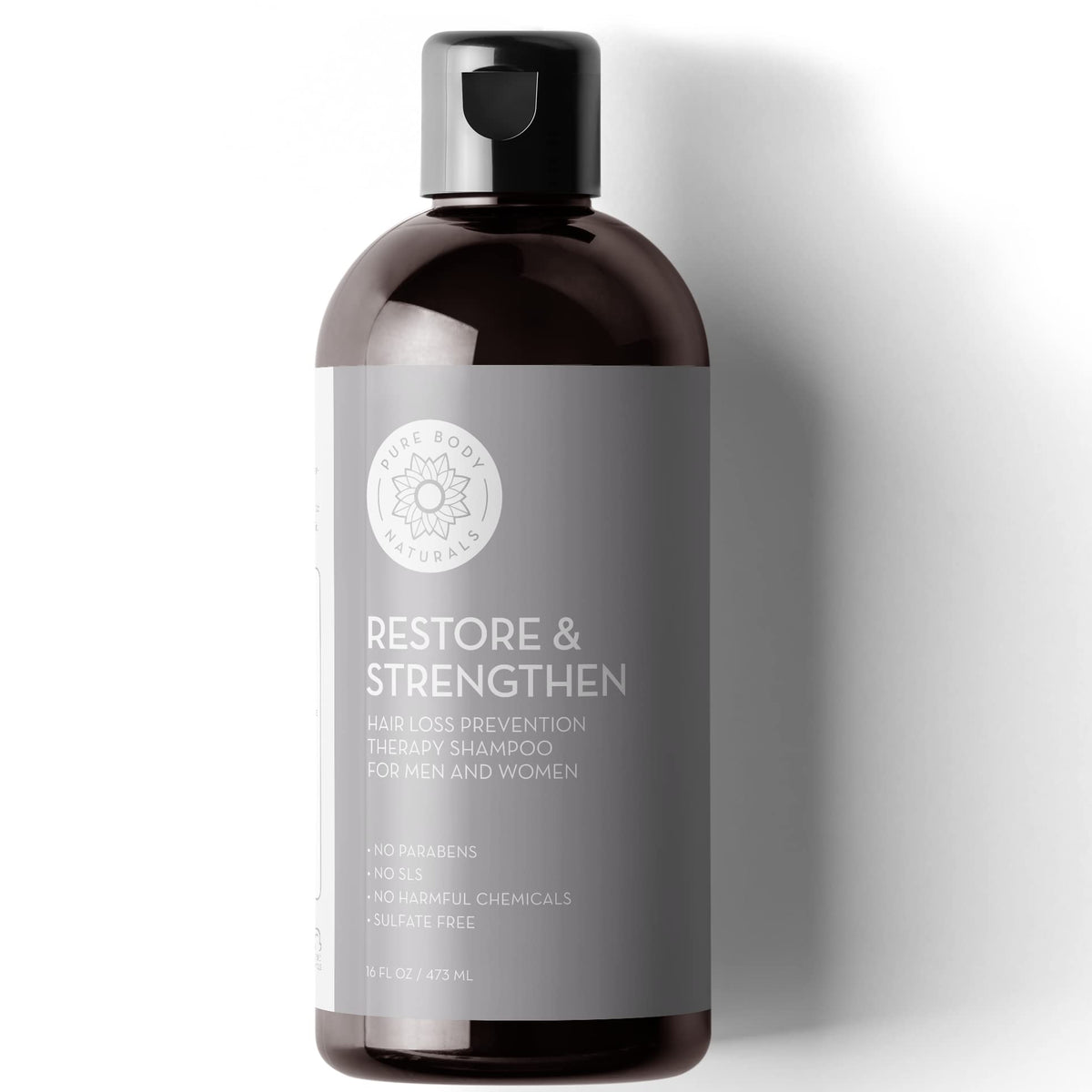 Pure Body Naturals hair loss shampoo bottle with rich lather supports thinning hair