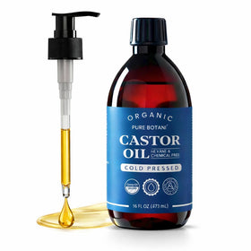 Pure Botani Castor Oil bottle shows hexane-free purity for nourishing hair and skin