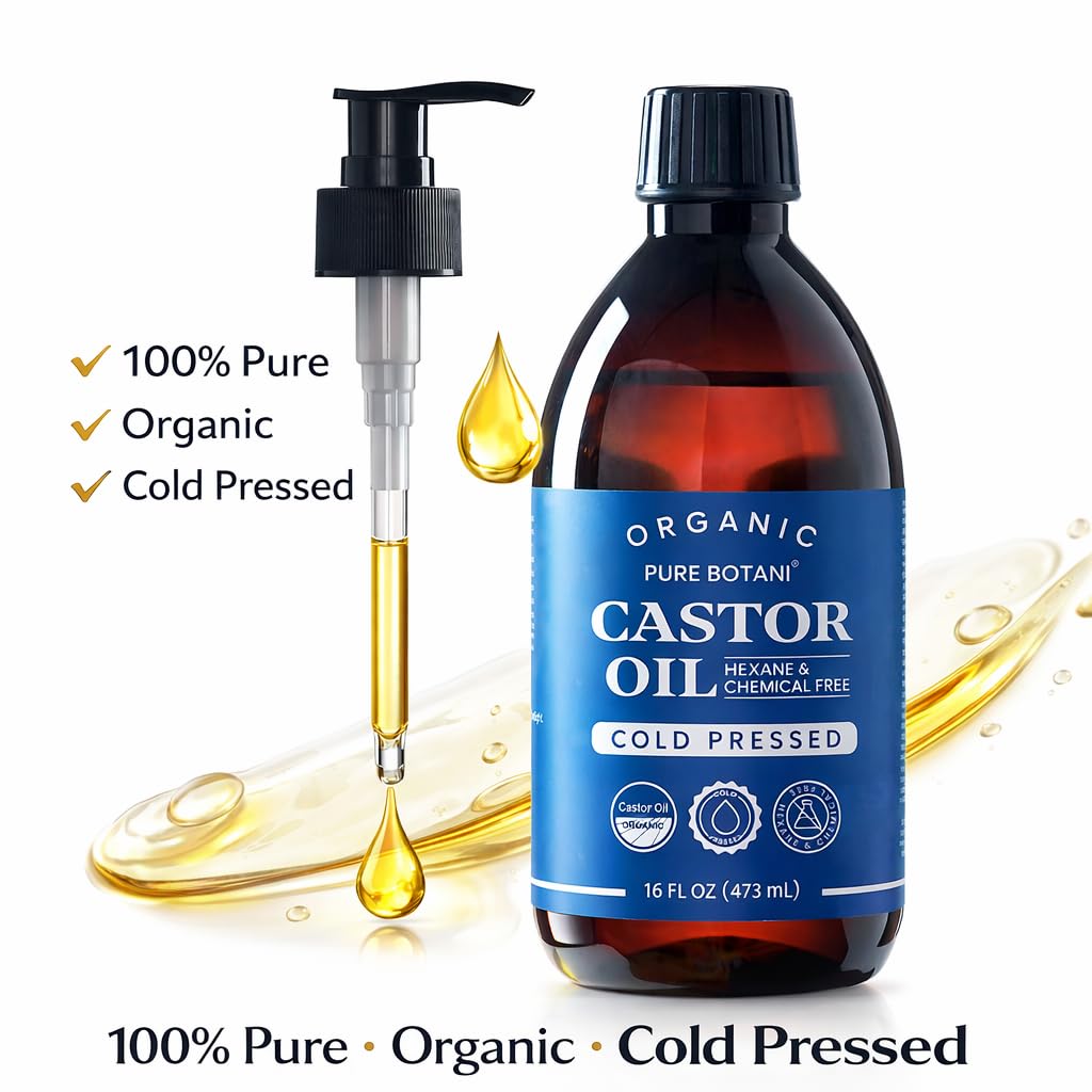 Pure Botani Castor Oil label highlights organic, cold-pressed quality for daily self-care