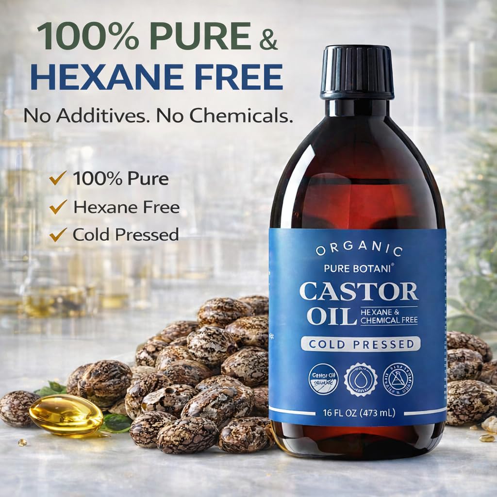 Pure Botani Castor Oil skin care usage emphasizes deep moisturizing for dry areas