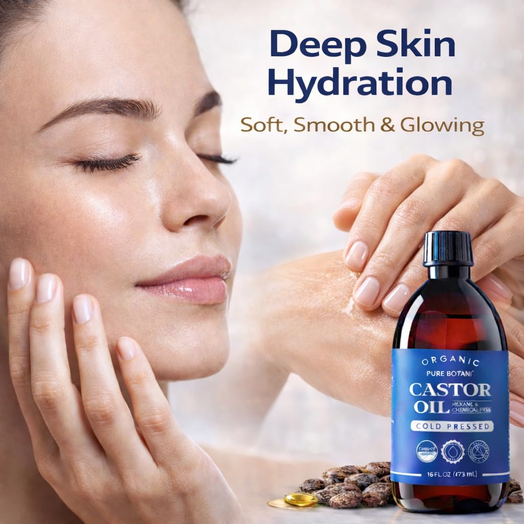 Pure Botani Castor Oil texture close-up shows rich, smooth oil for skin and hair