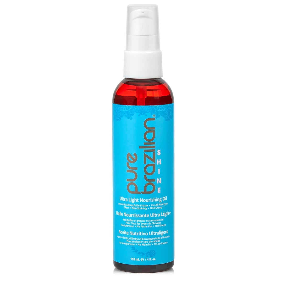Pure Brazilian Shine bottle pour showcases lightweight hydration and natural shine.