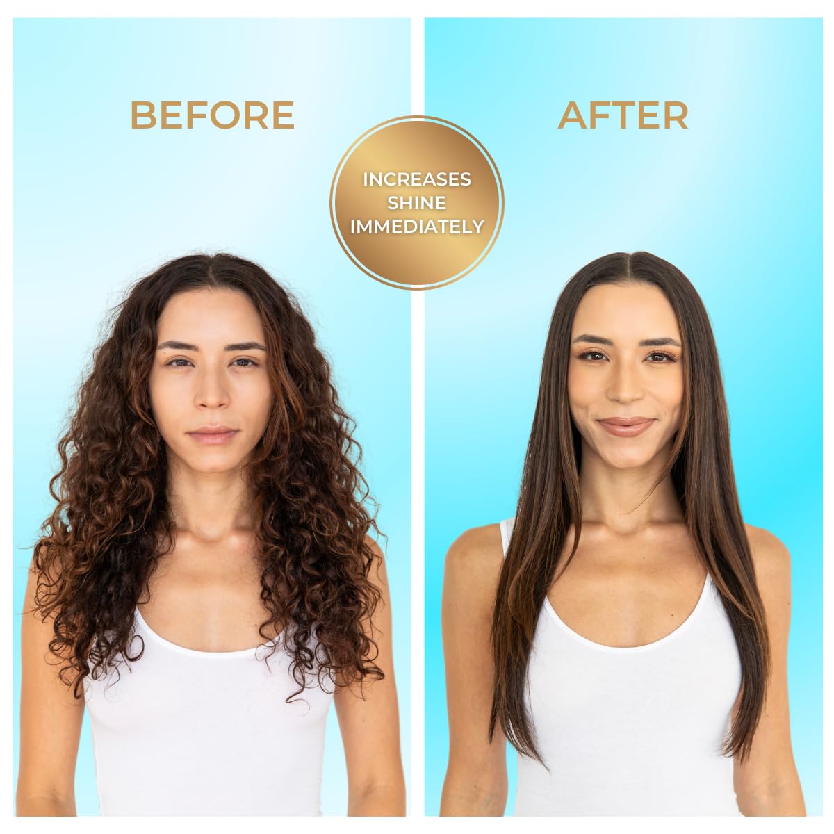 Pure Brazilian Shine frizz-control shot shows tame flyaways for a sleek look.