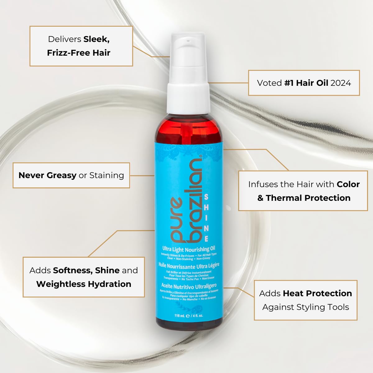 Pure Brazilian Shine hair-gloss close-up highlights a radiant shine.