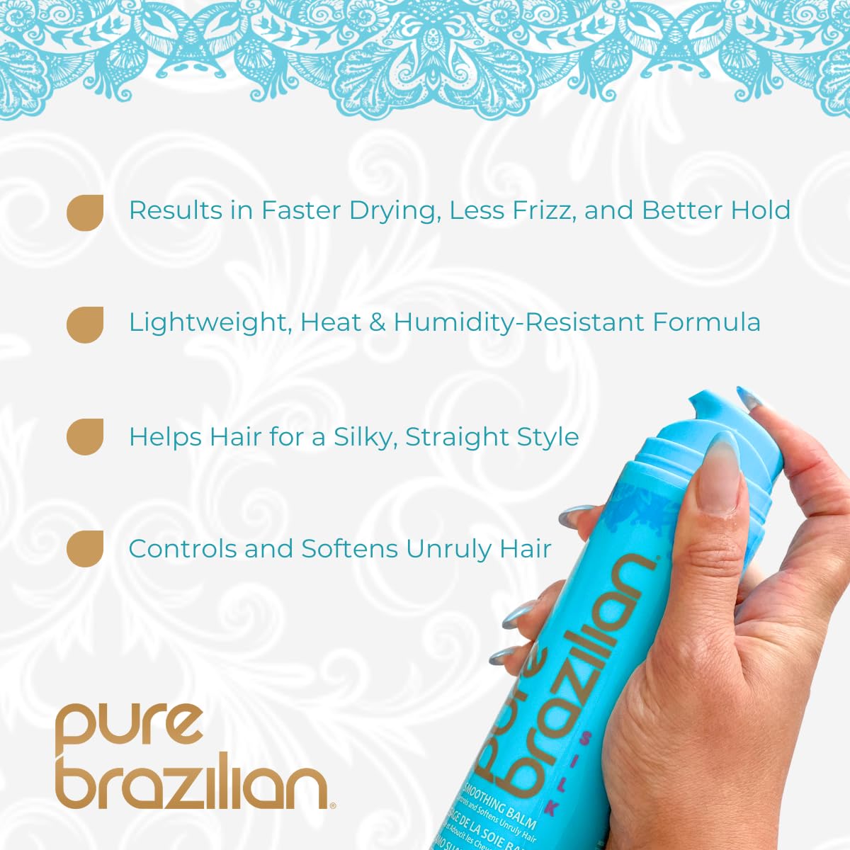 Pure Brazilian Silk Smoothing Balm bottle pump closeup highlighting easy application