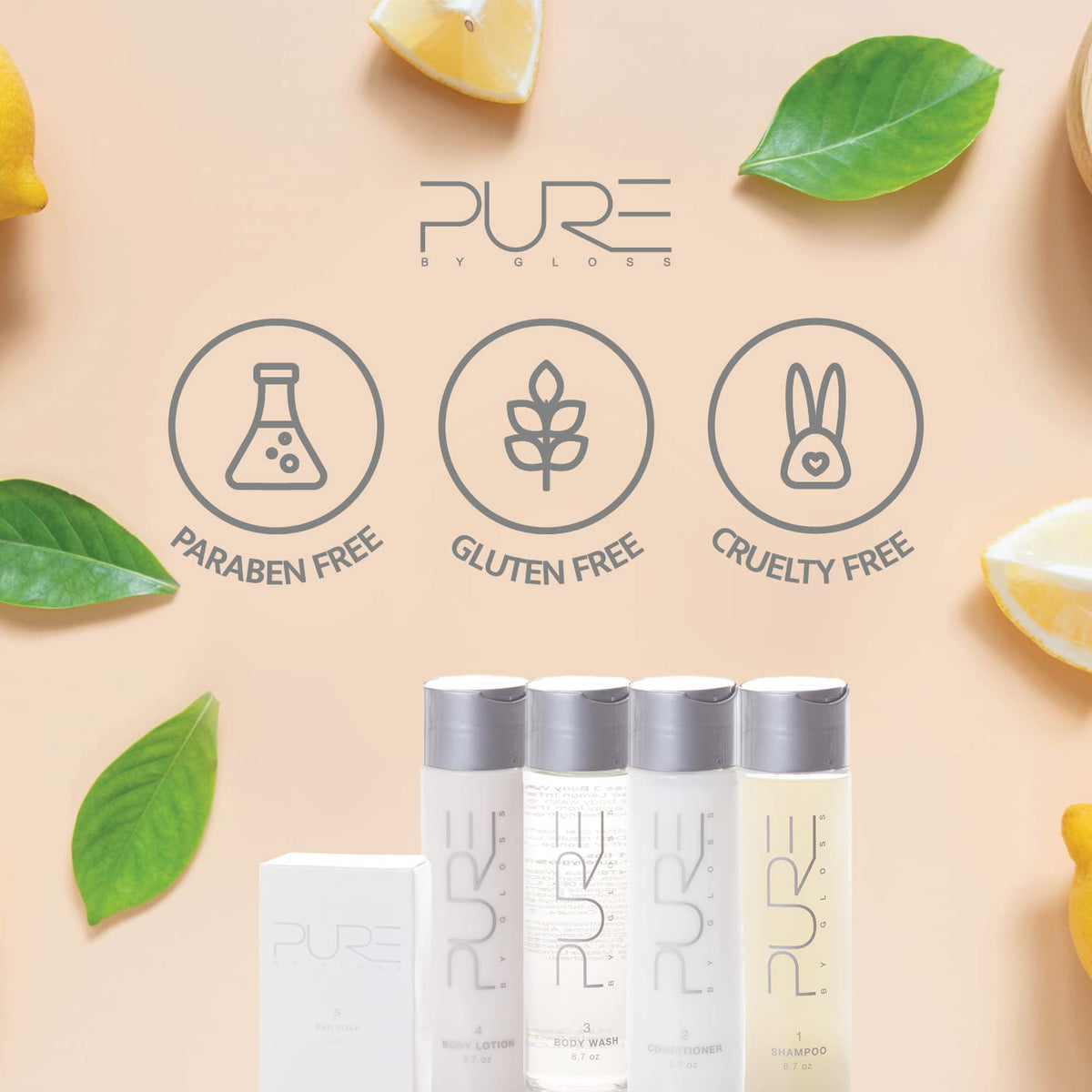 Hotel-inspired branding of Pure By Gloss lotion suggests premium at-home spa feel.