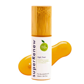 Pure & Cimple superRenew bottle pour demonstrates easy nightly application for hydrating skin.