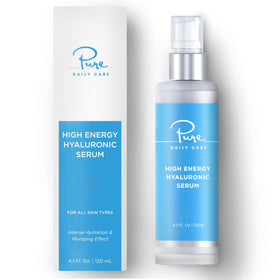 Pure Daily Care High Energy Hyaluronic Serum bottle highlighting premium hydration packaging