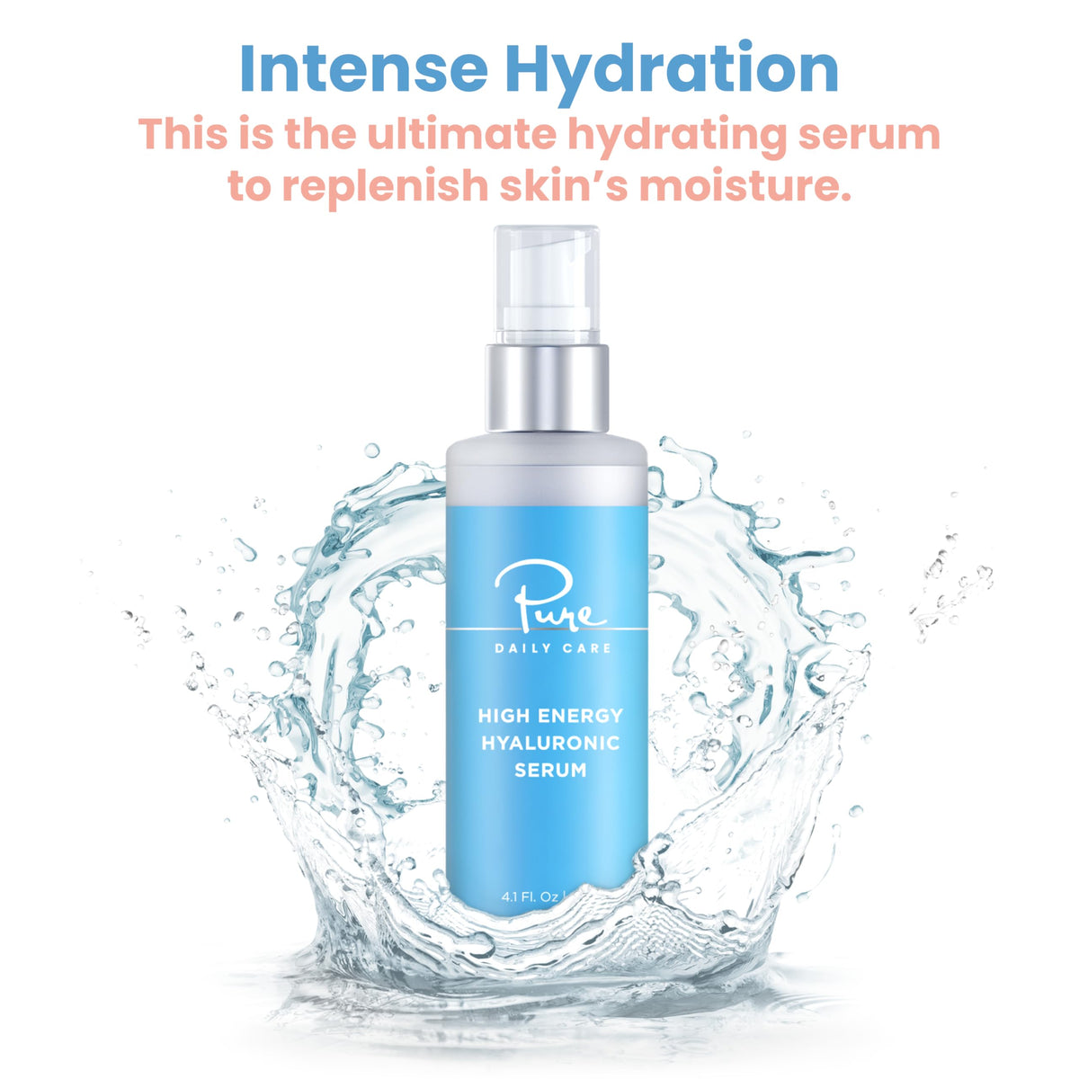 Pure Daily Care dropper close-up releasing a hydrating serum drop