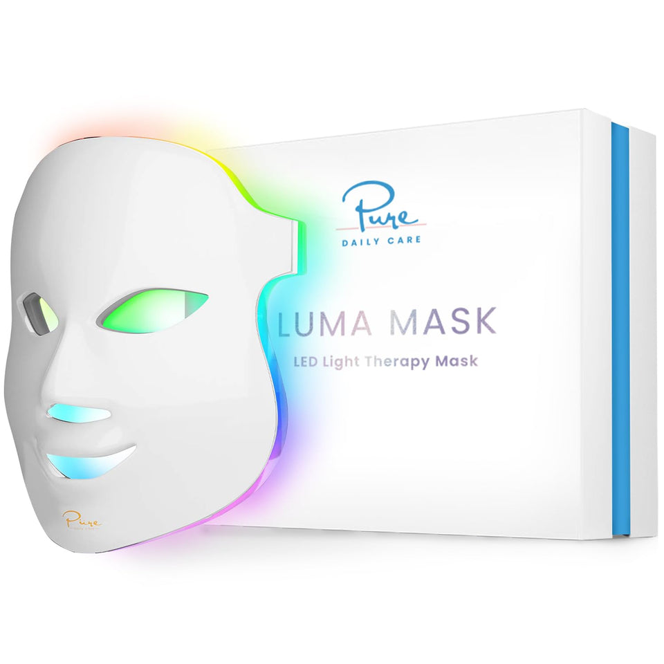 Pure Daily Care Luma Mask worn on the face for at-home light therapy sessions.