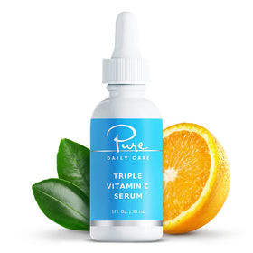 Pure Daily Care Triple Vitamin C Serum bottle highlighting brightening potential.