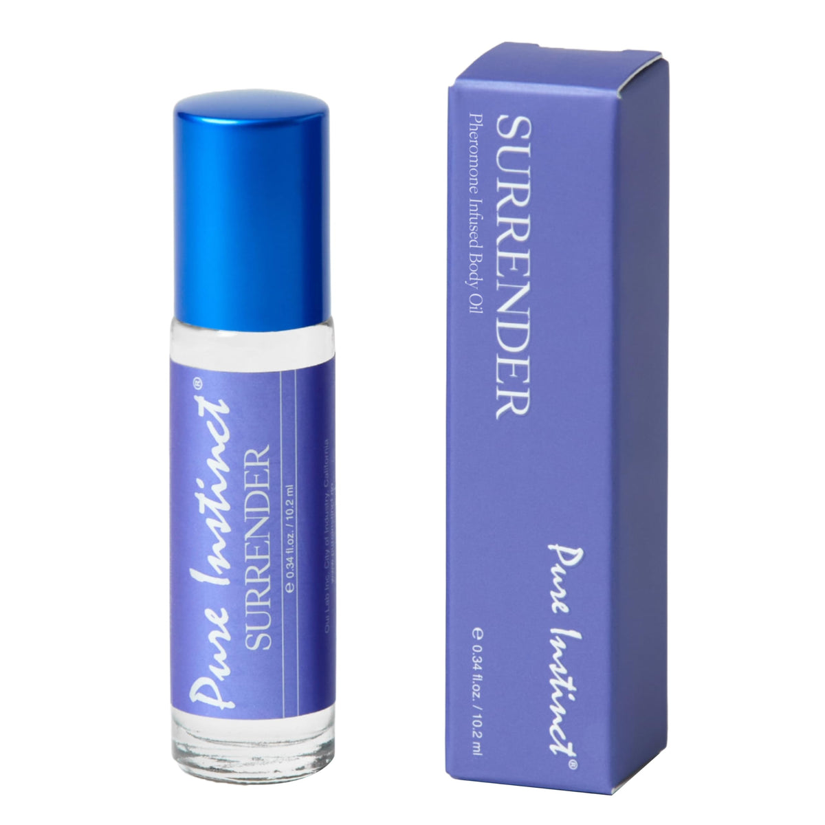 Pure Instinct SURRENDER bottle cap closeup showing premium pheromone-infused fragrance for confident moments