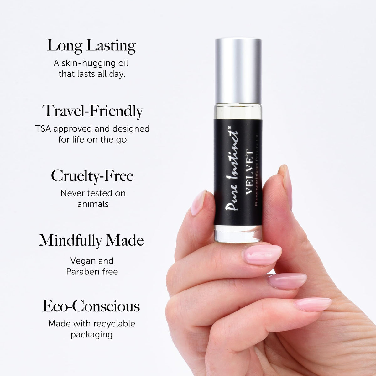 Pure Instinct Velvet alcohol-free formula delivering a concentrated scent experience.