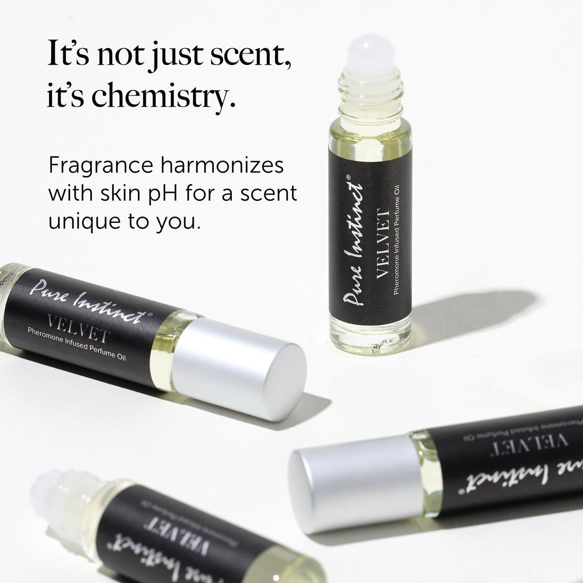 Pure Instinct Velvet travel-size rollerball keeps fragrance ready on the go.