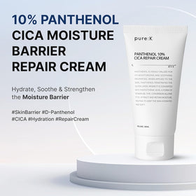 Pure:K Panthenol 10% CICA Repair Cream label closeup reveals clean, safe formula.
