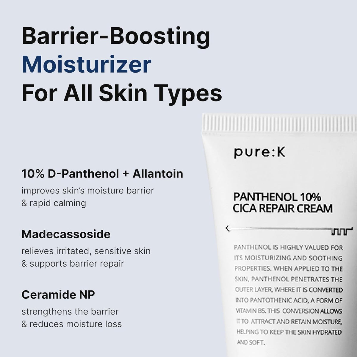 Pure:K Panthenol 10% CICA Repair Cream texture on skin demonstrates fast absorption.