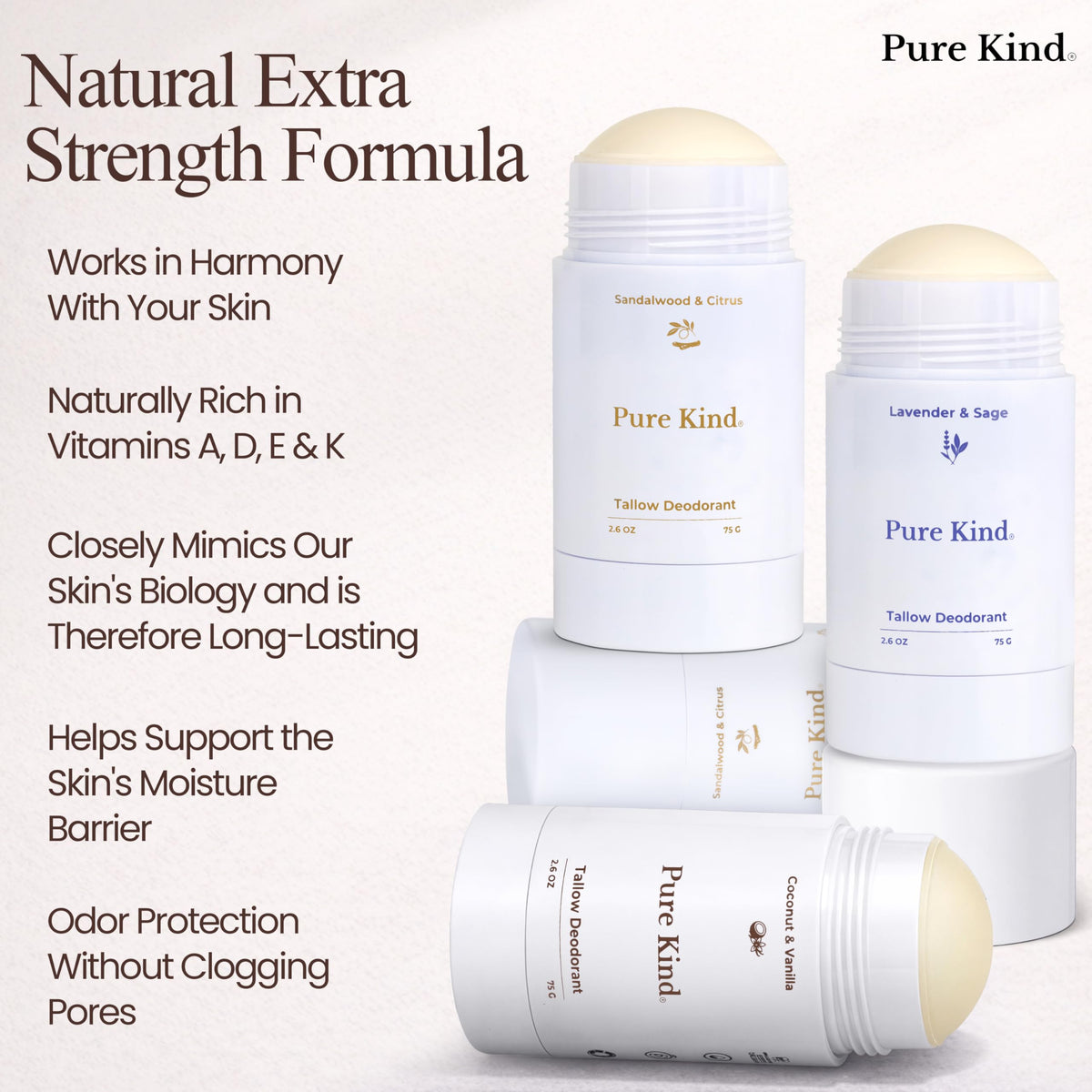 Pure Kind aluminum-free label highlighting baking soda-free formula.