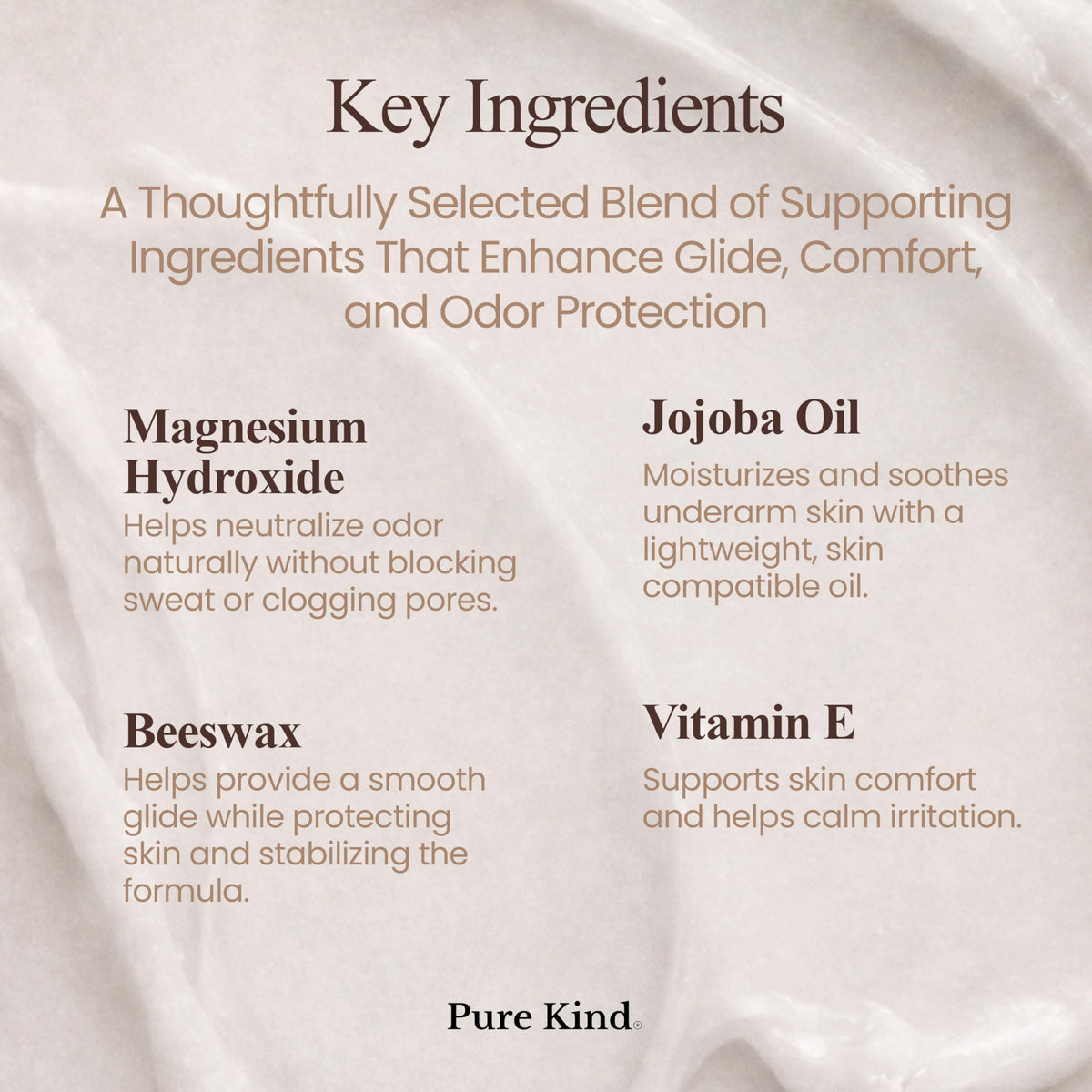 Pure Kind essential oils and magnesium provide long lasting odor protection and refreshing aroma.