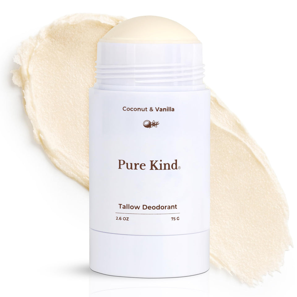 Pure Kind natural tallow deodorant stick for long-lasting odor control.