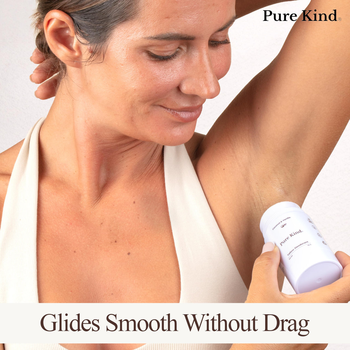 Pure Kind glide-close application showing smooth balm texture without residue.