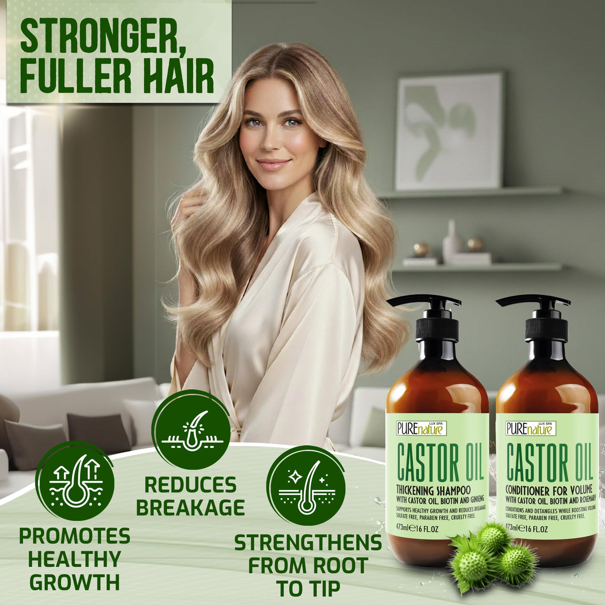 Pure Nature Lux Spa Castor Oil Conditioner bottle strengthens strands with keratin
