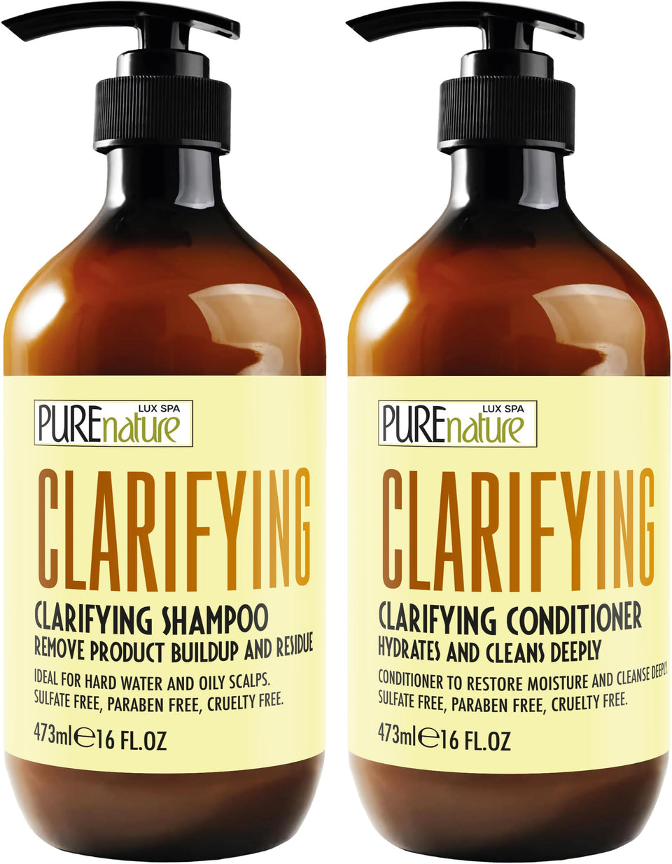Pure Nature Lux Spa clarifying shampoo bottle showing oil-control benefits.