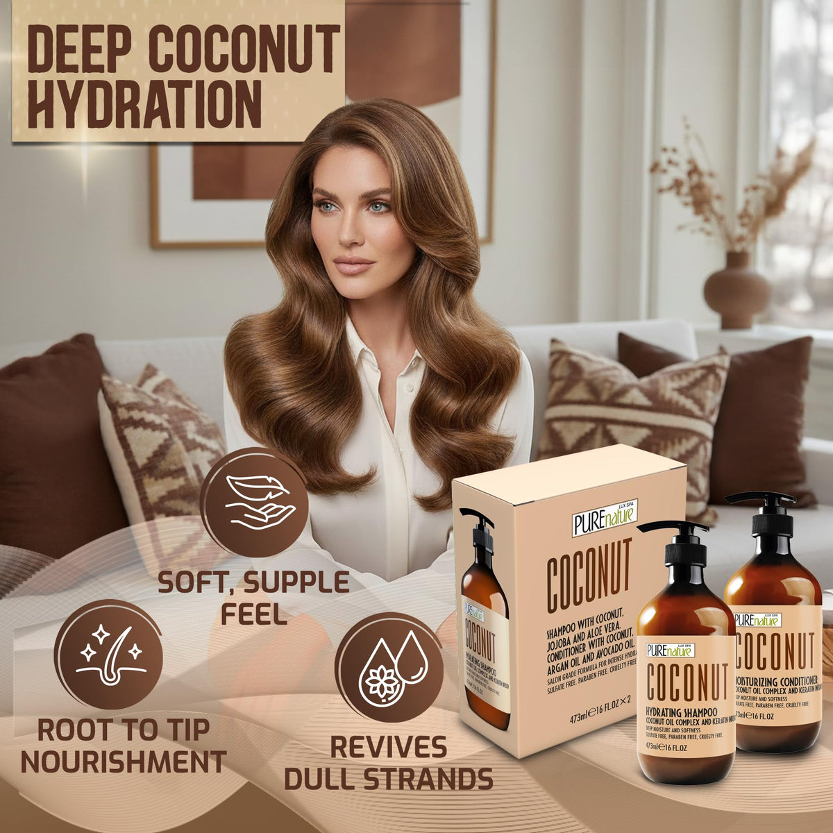 Pure Nature Lux Spa Coconut Conditioner bottle delivering smoothness and moisture.