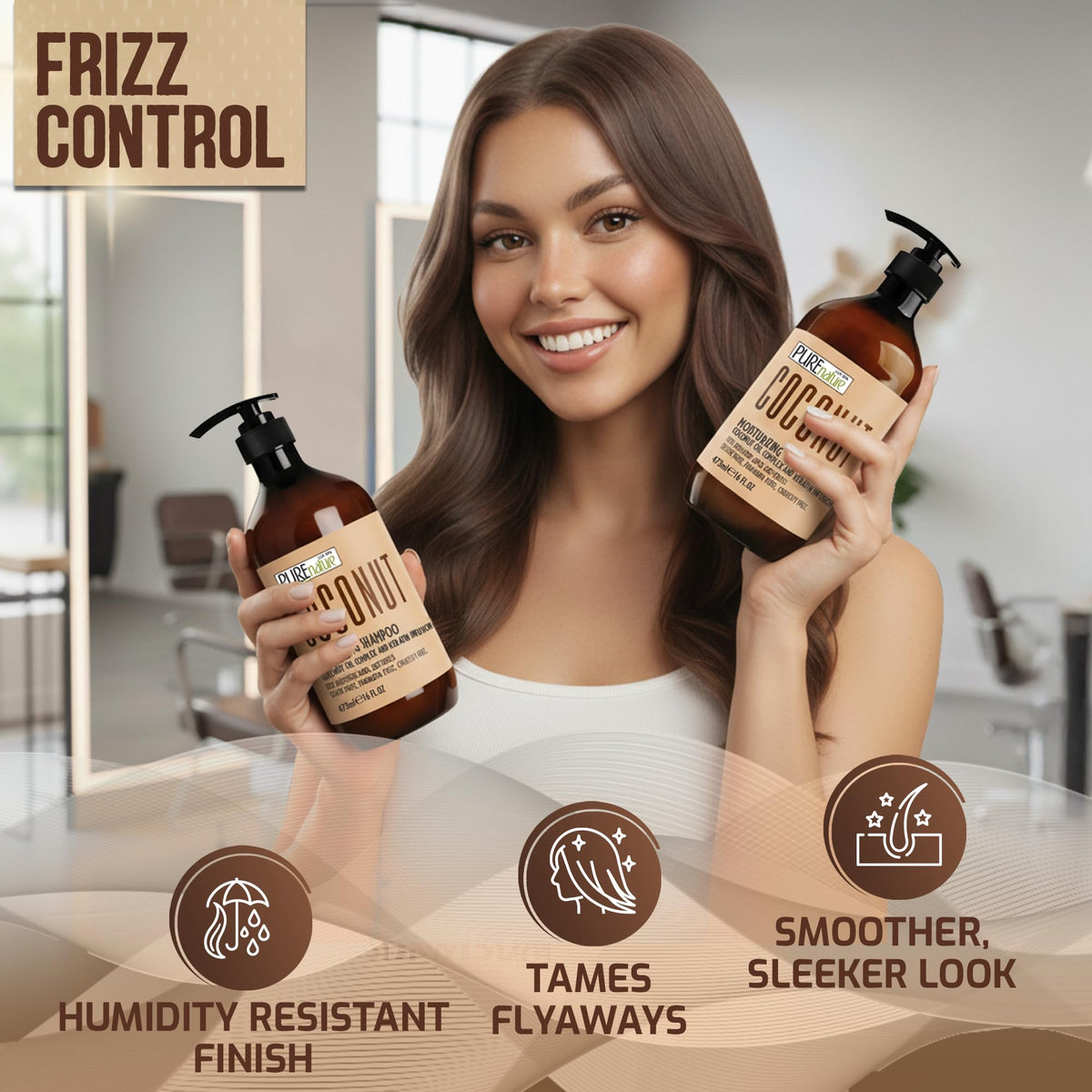 Pure Nature Lux Spa Coconut Conditioner applied for detangled, manageable hair.
