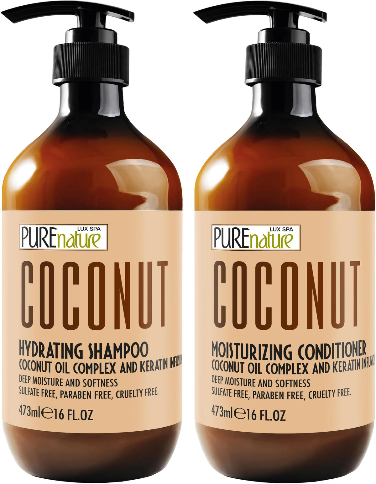 Pure Nature Lux Spa Coconut Shampoo bottle for deep hydration and shine.