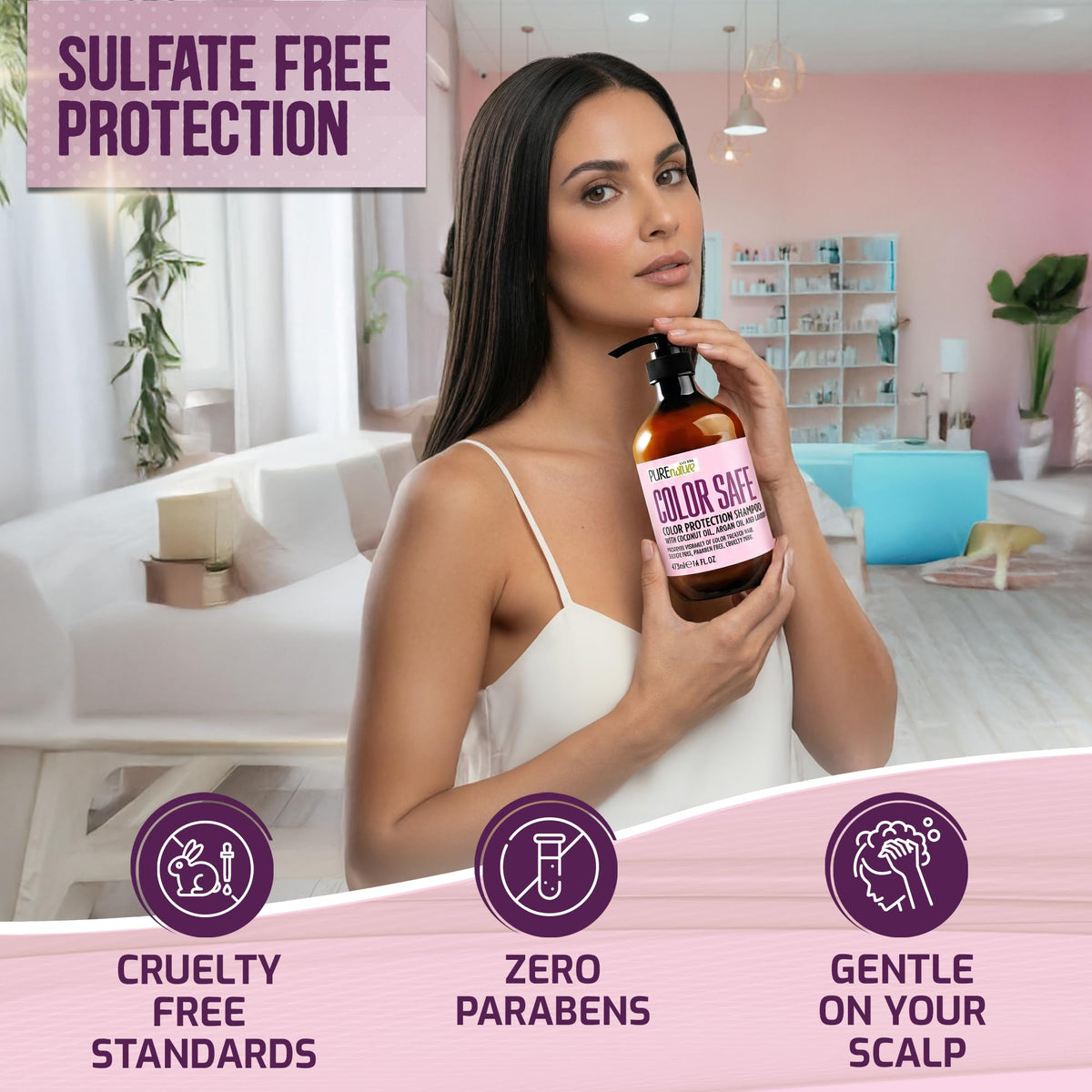 PURE NATURE LUX SPA color guard hair close-up emphasizes vibrant color retention