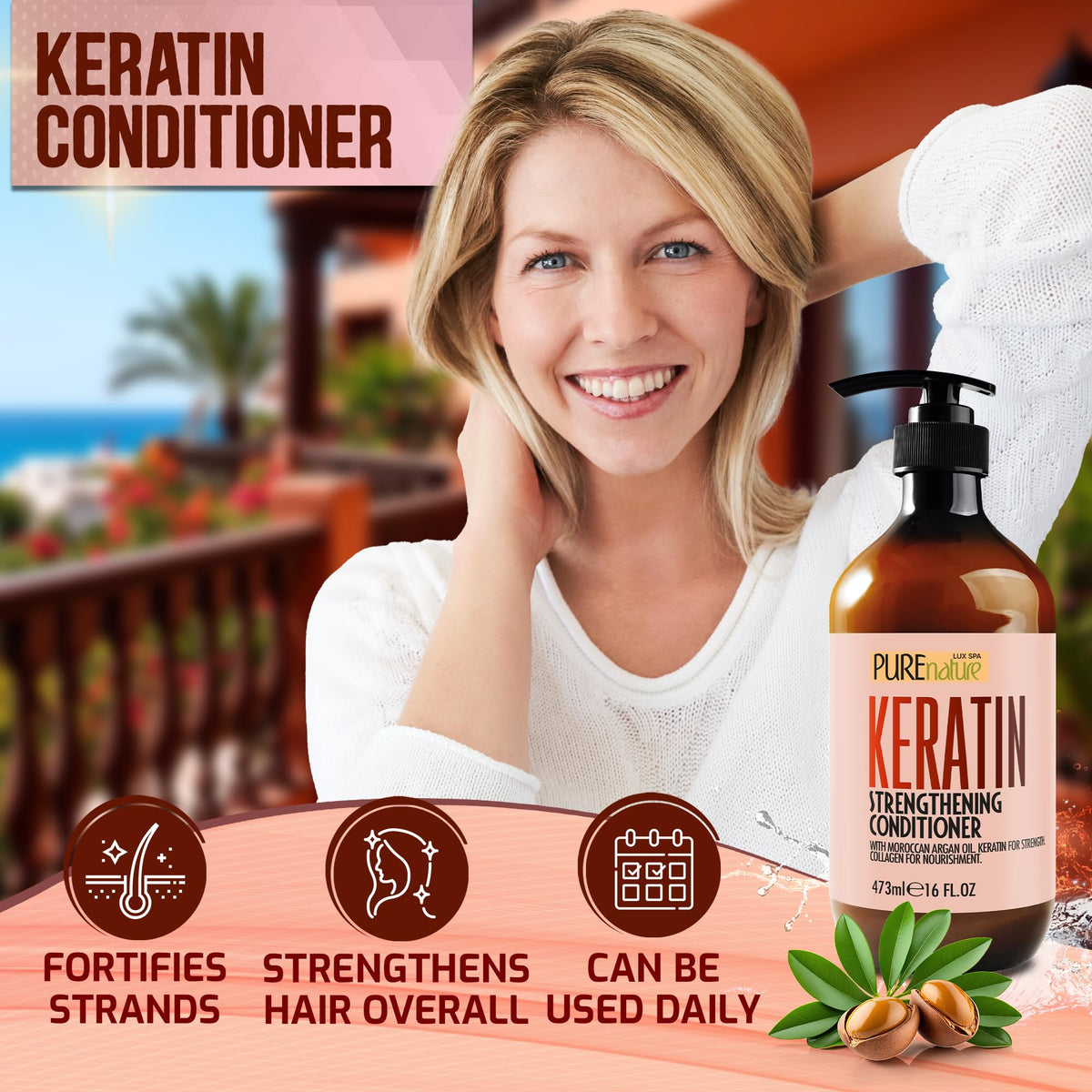 Pure Nature Lux Spa conditioner application on hair demonstrates detangling and smoothing benefits