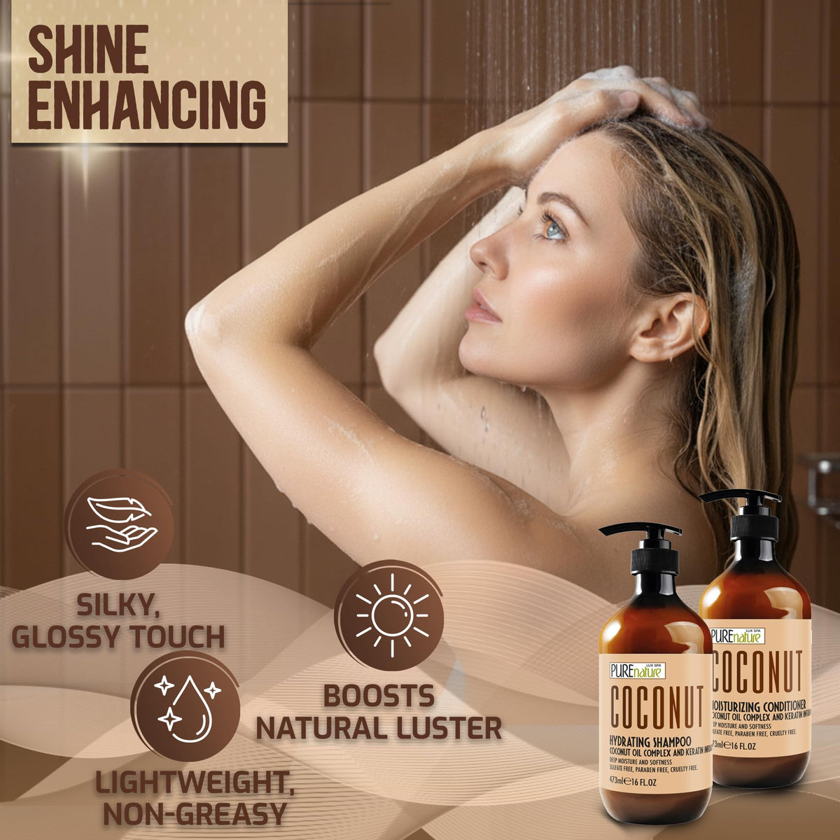 Pure Nature Lux Spa frizz-free, shiny hair after using coconut set.